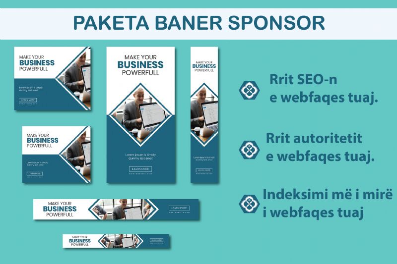 Paketa BANER SPONSOR me 5 banera me Backlink ne 5 faqet kryesore qe ka platforma Panairi Online, Optimizimi i website ne Google me SEO nepermjet Backlink ne platformen Panairi Online